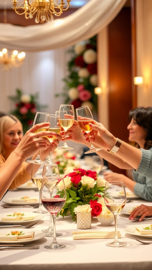 A festive table with raised glasses for a toast, surrounded by warm lighting and decorations.